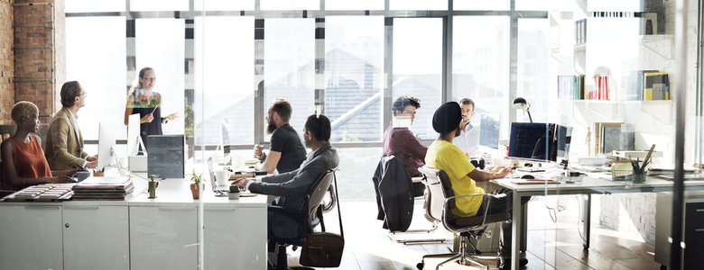 A busy open-plan office.