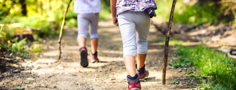 Two children hiking in a forest.