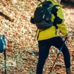 A couple hiking through a forest in autumn.