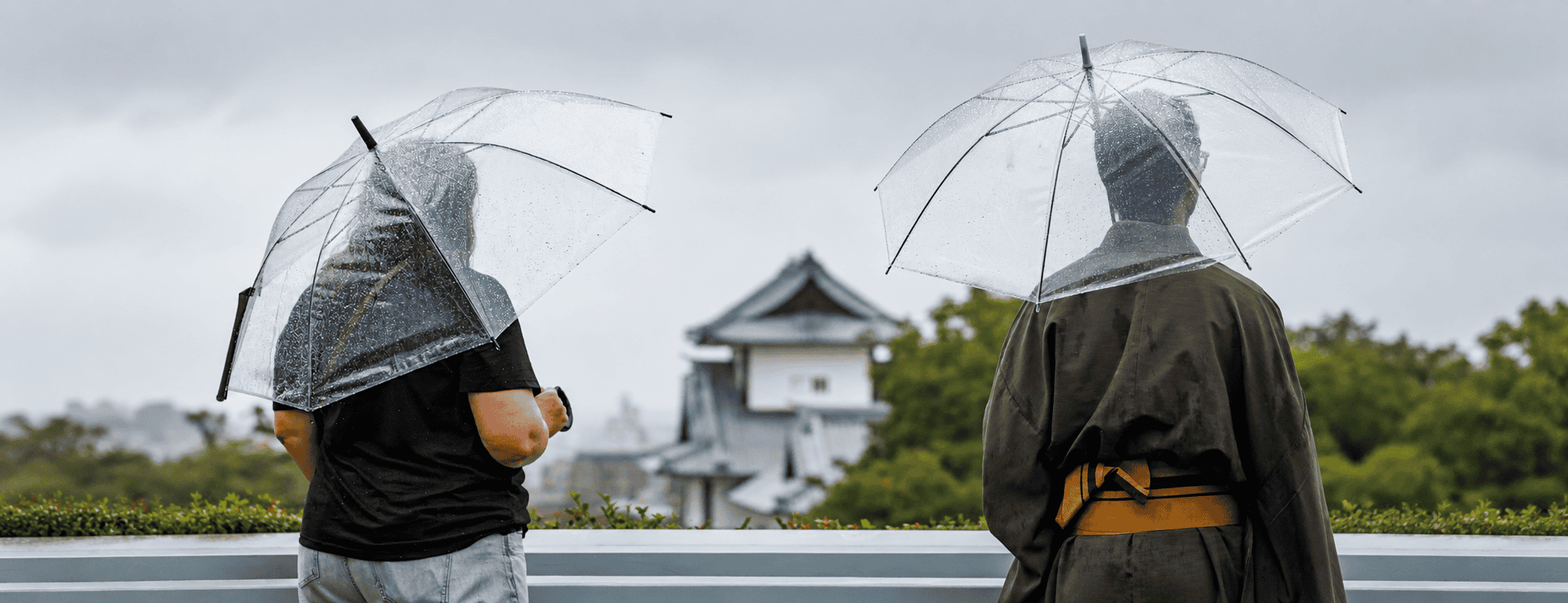 Two people standing under umbrellas on a grey day.
